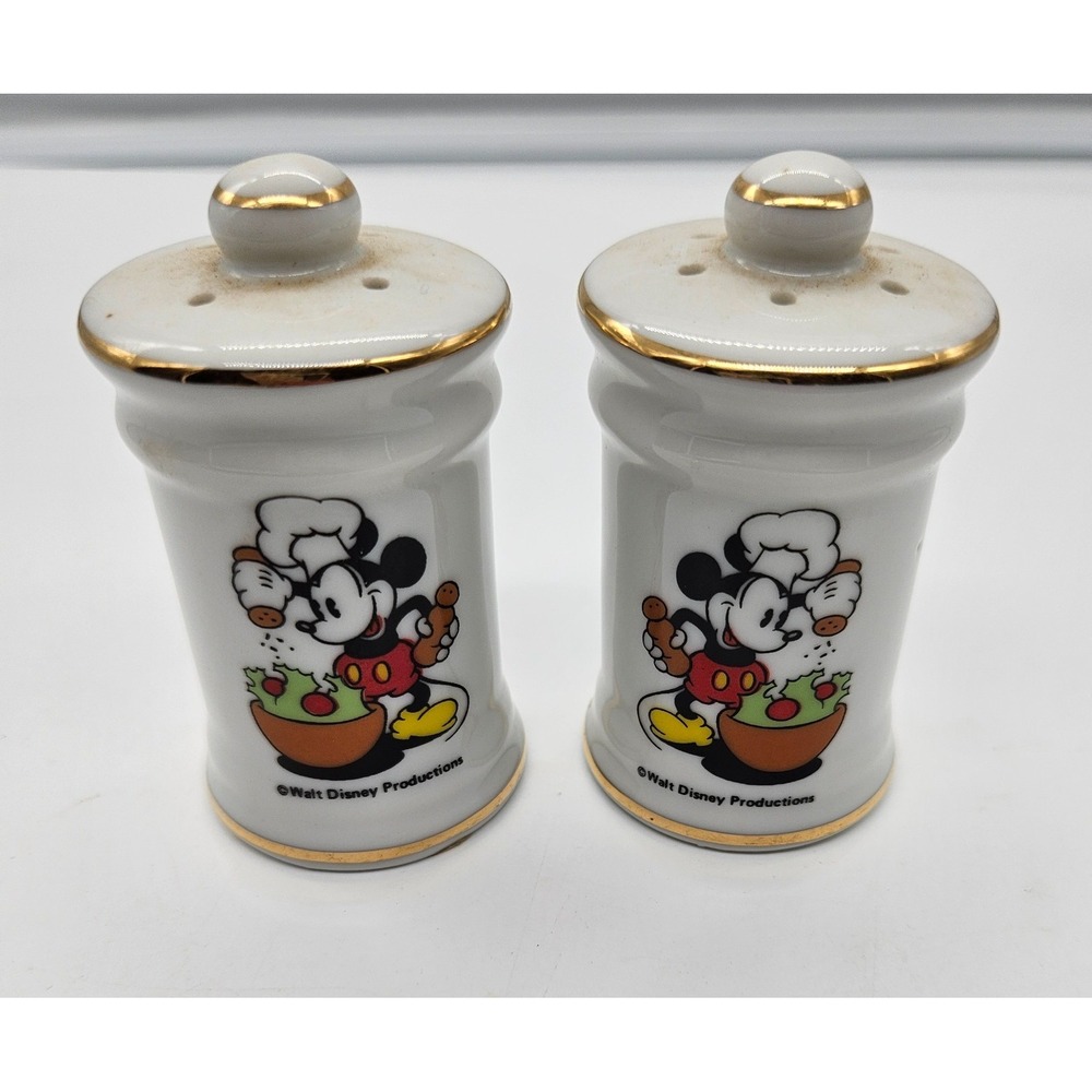 Vintage Disney Mickey Mouse Salt and Pepper Shakers Chef Mickey Japan Gold Trim